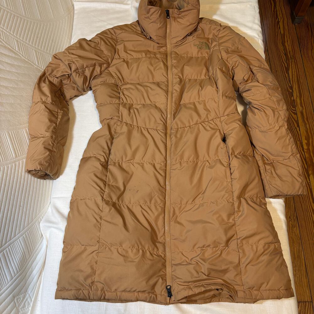 The North Face Womens L Long Puffer Coat Tan Figure Skating Coach AS IS